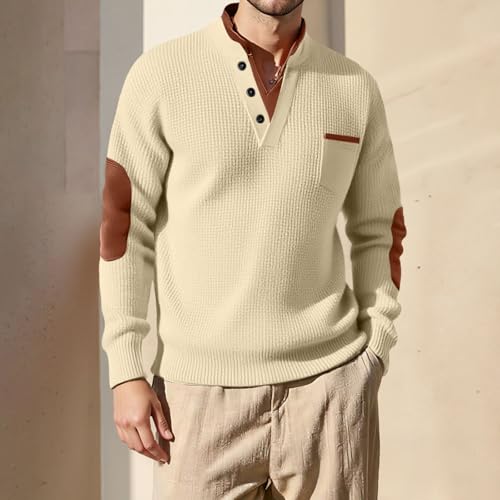 Mens Fall Fashion 2025 Button Down V Neck Hoodie Casual Waffle Sweatshirt Vintage Loose Pullover with Elbow Patches3