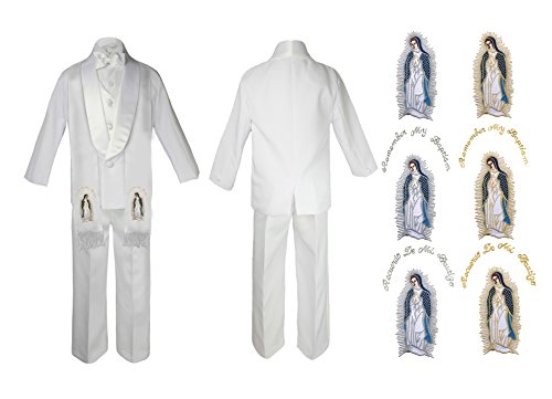 New Born Baby Boy Christening Baptism Church White Suit Guadalupe On Stole Sm-7 (4T, Full Color Gold No Word)