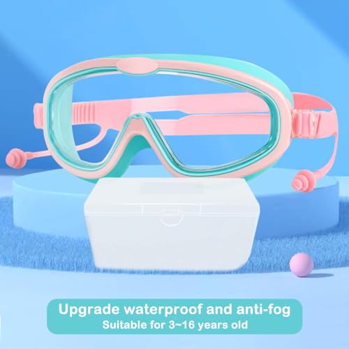 Image of PROBEROS Swimming Goggles for Kids with Ear Plugs, Big Frame Leakproof Anti-fog Swimming Goggles for Kids, Swim Goggles with UV Protection Adjustable Swim Goggles for Boys Girls for Age 6-14 (Pink)