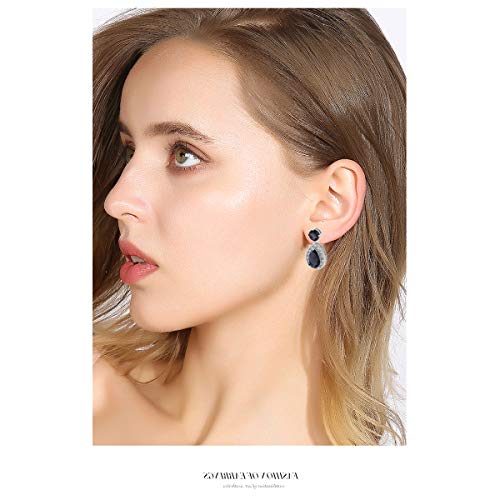 Black Cz Teardrop Dangle Earrings For Women Small Sterling Silver Halo Round Pear Shaped Crystal Cubic Zirconia Birthstone Bridal Drop Earrings For Wedding Bride #TOP1