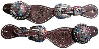 Showman Youth Dark Floral Tooled Leather Spur Straps w/Unicorn Engraved Hardware