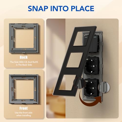 BSEED Lichtschalter Mit Steckdose 3 Fach 2 Wege, Wandschalter Mit 16A Schuko Steckdose, Doppel USB Anschluss (Max. 2.1A) Typ C Port Schwarz, Physische Unterputz Wechselschalter - 228mm