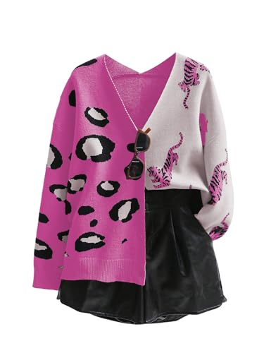 Image of WDIRARA Women's Leopard Tiger Print Cardigan V Neck Long Sleeve Color Block Button Down Sweater Outwear