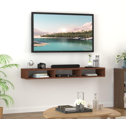 Image of Engineered Wood Wall Mount Modern Entertainment Floating TV Unit for 32-55 Inch TVs with Storage Shelf, Set Top Box Stand, Router Shelf & Cable Management (Wenge, 90 cm)