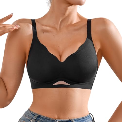 DEANGELMON Scalloped V Neck Wireless Bras for Women Seamless No Underwire Full Coverage Push Up Bras Soft Comfort Bralettes