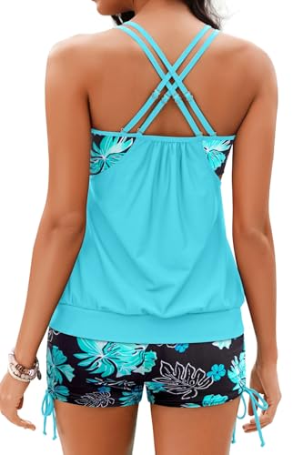 Image of Holipick Tankini Swimsuits Two Piece Tummy Control Bathing Suits Blouson Swim Tank Top with Boy Shorts