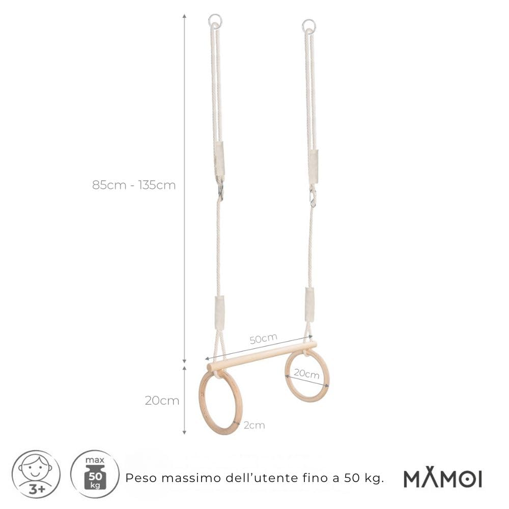 MAMOI® Anelli ginnastica artistica per bambini, Trapezio altalena in legno da casa, Attrezzatura altalene per uso interno, Dondolo multifunzione fino a 50kg