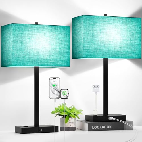 Image of Lynnoland 21 inch Set of 2 Table lamp with USB A+C & AC Outlets, Touch Control 3-Way Dimmable Nightstand Lamps for Bedroom Living Room Office Reading, Green Shade Touch Lamps, 5000K LED Bulbs Included