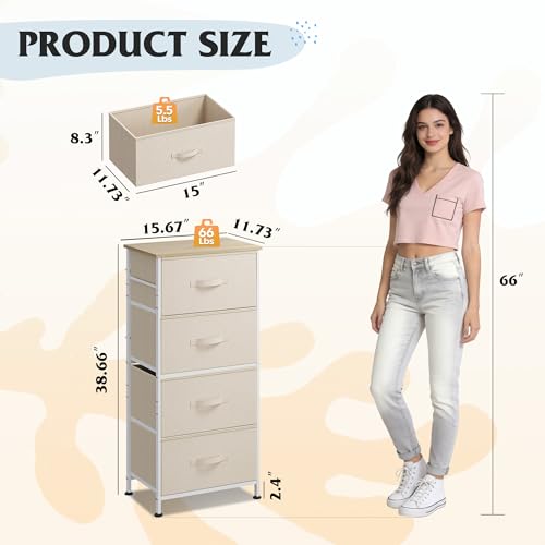 Image of WLIVE Dresser with 4 Drawers, Storage Tower, Organizer Unit, Fabric Dresser for Bedroom, Hallway, Entryway, Closets, Sturdy Steel Frame, Wood Top, Easy Pull Handle, Cream White