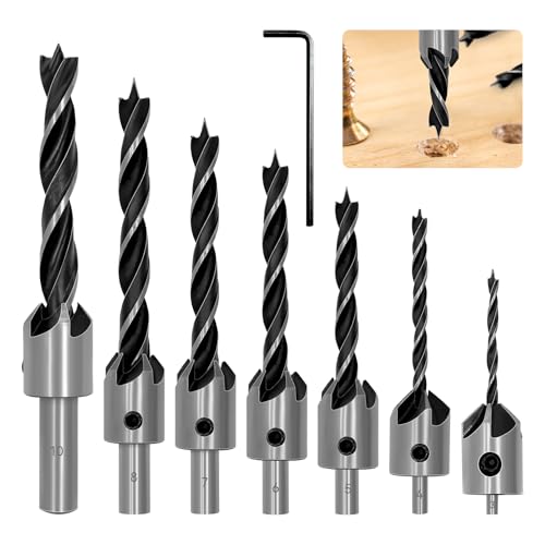 NVGFTG 7 Stück HSS 5 Flute Senker Bohrer Set 3 4 5 6 7 8 10 mm Senkbohrer mit Inbusschlüssel, Screwdriver Reibahle Holzverarbeitung Countersink Drill Werkzeug für Holz, Kunststoff