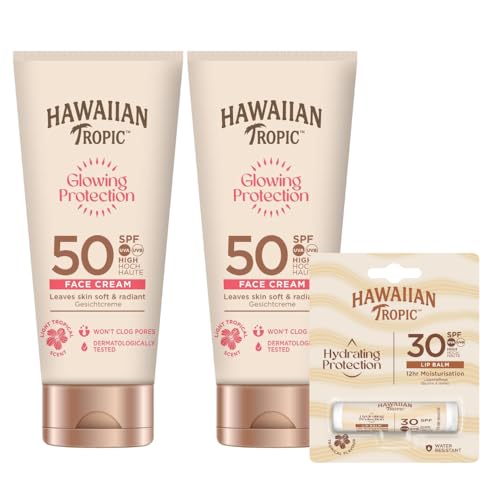 Hawaiian Tropic Glowing - Locion Solar Facial Protectora para el Rostro Waterproof con SPF 50 UVA + UVB Protection, Fragancia Tropical, con Manteca de Karité, 50 ml