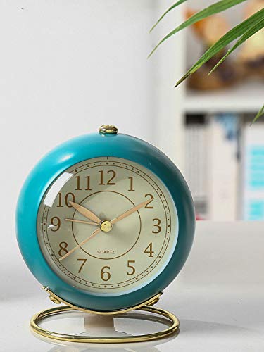 Image of SHISEDECO Small Tableclocks Classic Non-Ticking Tabletop Alarm Clock | Lake Blue, 4 Inches, Night Light, Battery Operated Metal Analog Deskclock for Living Room, Bedroom, Bedside,Shelf Decor