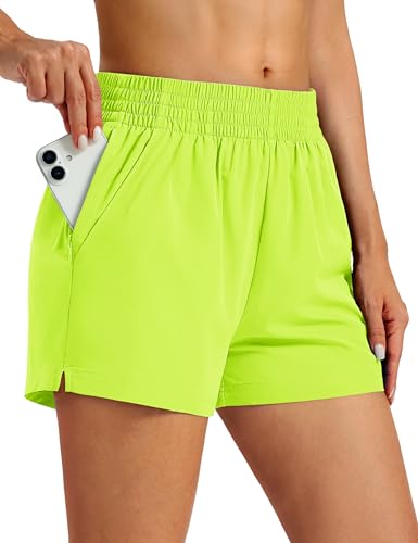 MAGCOMSEN Womens Shorts with 3 Pockets Athletic Running High Waisted Gym Workout Sports Shorts with Liner Neon Green XL
