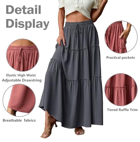 Image of Lepunuo Womens Casual Boho High Waisted Flowy Maxi Skirts Tiered Floral Long Skirts with Pockets for Summer Beach Vacation