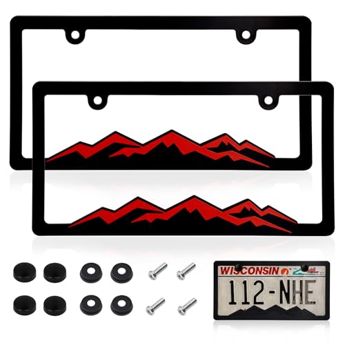 Mountain License Plate Frames Plastic License Plate HolderUniversal Car Tag Bracket Off Road Style License Plate Holder Cover for Mountains Enthsusiast 2 Packs 2 Hole Rust Proof Heavy Duty (RED)