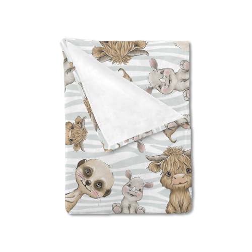 HawSkgFub Babydecke mit Wildtierstreifen, für Jungen und Mädchen, neutral, Hochlandkuh, Erdmännchen, Nashorn, Flanell, Fleece, Kinderzimmer, Bettdecken, weich, leicht, für Neugeborene, Kleinkinder,