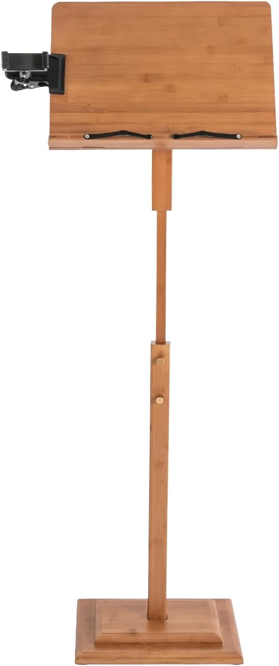Portable Sheet Music Stand with Phone Holder, Bamboo Music Stand for Sheet Music Adjustable Height 39" to 51"