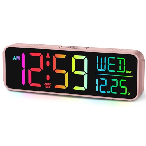 Image of Peakeep Kids Digital Alarm Clock for Bedrooms, Date Day of Week Large Display Numbers 6 Brightness Dimmer, 5 Volume Loud for Heavy Sleepers, 8 RGB Colors Electric Desk Clock Battery Backup, Auto DST
