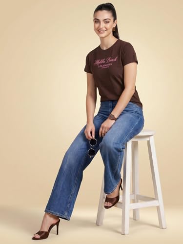 Image of JUNEBERRY Women's Regular Fit Printed Tee - 100% Pure Cotton, Round Neck, Half Sleeve Graphic T-Shirt for Daily Use (Colors: Red, Brown, Green & Future Dusk)