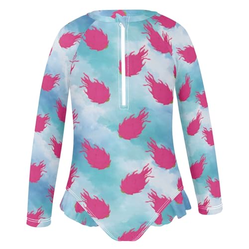 Dragon Fruit Blue Pattern Girls One Piece Rash Guard Swimsuit, Girls Long Sleeve Swimwear for 3-12Y2