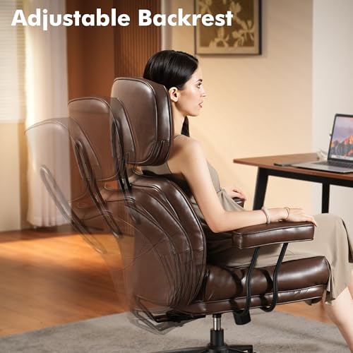 Image of High Back Executive Office Chair with Comfortable Deep Seat,Brown PU Leather Modern Office Chair,Ergonomic Big and Tall Computer Desk Chair with Lumbar Support(Dark Brown)
