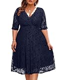 Women's Plus Size Wedding Guest Cocktail Party Semi Formal Lace Wrap V Neck Knee Length Dress Navy Blue Size 22