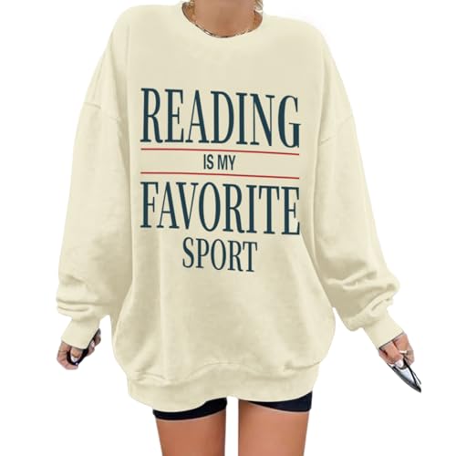Weripoah Reading Is My Favorite Sport Sweatshirt Bookish Gifts for Women Book Lovers Sweatshirts Teacher Graphic Pullover(Apricot M)