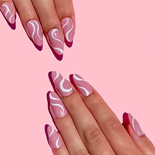 YOSOMK 24Pcs Glossy Press on Nails Short Full Cover Fake Nails Pink Glue on Nails French Almonds False Nails with Glue Acrylic Nails for Women & Girls（Pink & White Ripple)