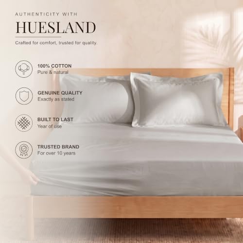 Image of Huesland 300 TC Premium 100% Pure Cotton Luxe Soft Touch Fitted Single Size Bedsheet Cotton with 2 Pillow Covers | Glacier Grey | 36 x 78 Inches