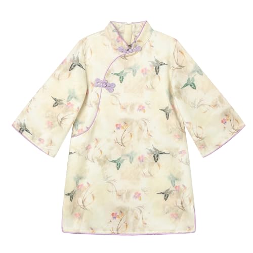 LittleSpring Girls Chinese Qipao Dress Long Sleeve Floral Cheongsam Traditional Hanfu Dresses