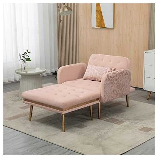 HomSof Adjustable Backrest Chaise Lounge Indoor, Velvet Sofa Bed with 3 Angles, Convertible Reclining Chair with Golden Metal Legs, Pink