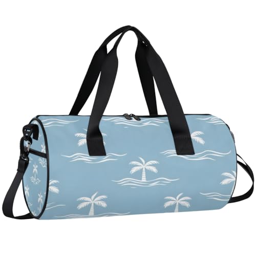 Coconut Tree Sky Blue Round Barrel Sports Fitness Bag, Travel Luggage Bag, Reusable Handbag, Suitable For Men and Women