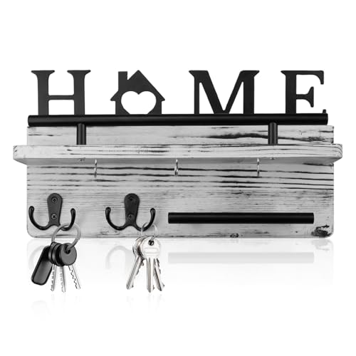Rongxze Soporte para Llaves de Pared, Colgador Llaves Pared Madera con 5 Ganchos Para Llaves, Portallaves de Madera Organizador de Correo con Estante para Entrada, Vestíbulo, Pasillo, Oficina
