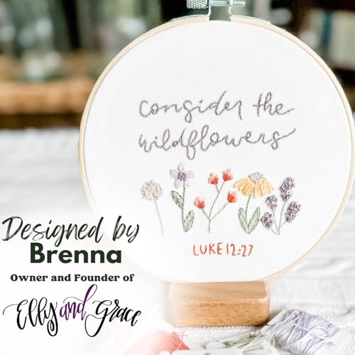 Image of Elly & Grace Christian Embroidery Kit with Embroidery Hoop, Easy Embroidery Kit for Beginners and Adults, Full Embroidery Hoop Kit with Needles and Thread Included (Wildflowers)