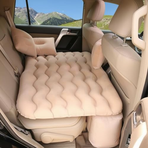 Image of Inflatable Car Travel Bed Mattress Soft Flocking Portable Air Mattress with Air Pump, Pillow & Travel Sleeping Bed for Camping, Road Trips, Outdoor Travel and Family Use (Cream)