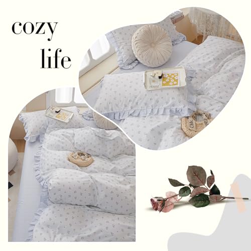 Image of VM VOUGEMARKET Blue Flower Duvet Cover Set Queen,3 Pieces Romantic Ruffle Duvet Cover with 2 Lace Pillow Shams,100% Cotton Princess Bedding Set for Girls-Flower Striped Pattern