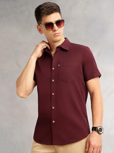 Image of Thomas Scott Men's Premium Slim Fit Casual Shirt | 100% Cotton Twill | Short Sleeves | Spread Collar | Solid Smart Casual Shirt for Men