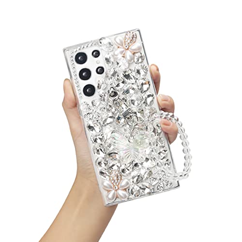 Omio Compatible with Samsung Galaxy S23 Ultra Bling Case with Hand Chain Strap Cute Butterfly Bracelet 3D Handmade Sparkle Glitter Crystal Bling Diamond Hard PC Phone Case for Women Girls White