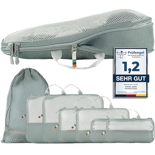 TRAVEL DUDE Packwürfel Set mit Kompression aus recycelten Plastikflaschen, Leichte Packing Cubes, Packtaschen Set für Rucksack und als Koffer Organizer, Zubehör (Stahlblau, 7-teiliges Set)