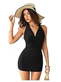 SOLY HUX Women's Shiny Deep V Neck Halter Bodycon Mini Dress Sleeveless Cocktail Prom Pencil Dresses Solid Black X-Small
