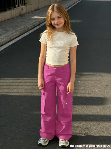 Image of SANGTREE Girls High Waist Casual Y2k Wide Leg Cargo Pants, 4-14 Years
