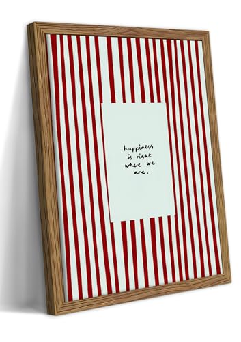 Framed Vintage Quote Wall Art, Happiness Is Right Where We Are Canvas Wall Decor Painting, Minimalist Red Striped Inspirational Poster Print Picture for Living Room Bedroom Office 12x16 Inch