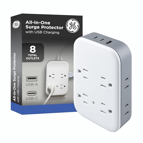 GE All-in-One Surge Protector Wall Tap, 8 Outlets (4 Grounded + 4 Polarized), 2 USB-C & 1 USB-A, 15W Shared, 1140J, Circuit Breaker, ETL Certified, White/Gray, 85633