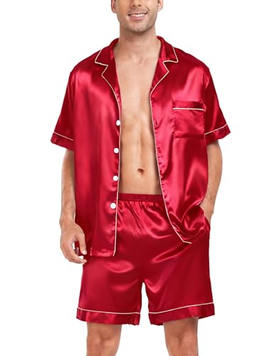 Image of SWOMOG Satin Matching Pajamas Sets Couple Silk Button Down Nightwear Women & Men Short Sleeve Sleepwear 2 Pieces Loungewear