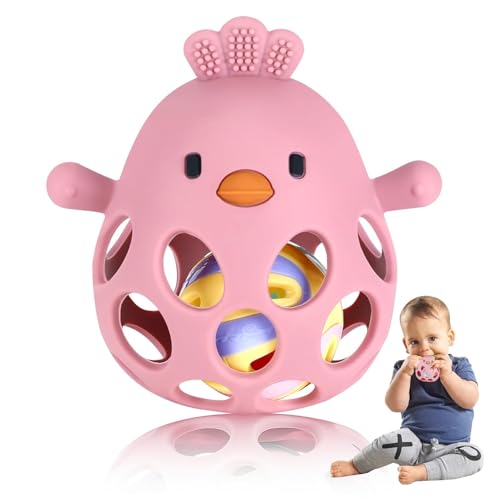 Image of Baby Teething Chick Toy, Upgraded Easy Grasp Silicone Teething Rattle Ball Toy for Babies Over 3 Months, 100% Food Grade, Gift for Infant Boys and Girls 0-6-12 Months (Dark Pink)