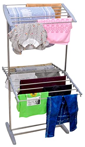 Image of GION Stainless Steel Mobile Tower Rack Multi-Functional 2 Layer Cloth Drying Rack Stand for Balcony Cloth Dryer Stand (1Pcs)