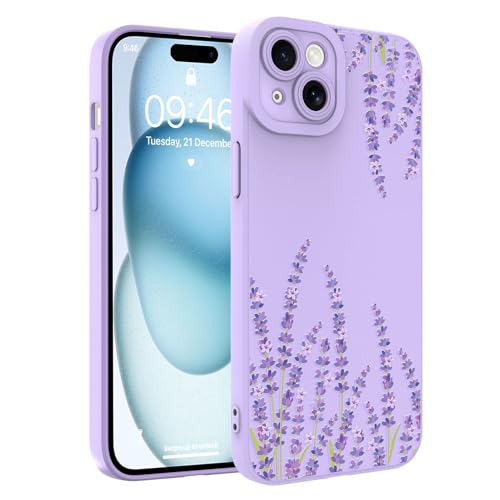 Image of Designed for iPhone 15 Case, Cute Lavender Flower Floral Pattern Design, Slim Soft TPU Liquid Silicone Protective Cover for Women Girls - Purple