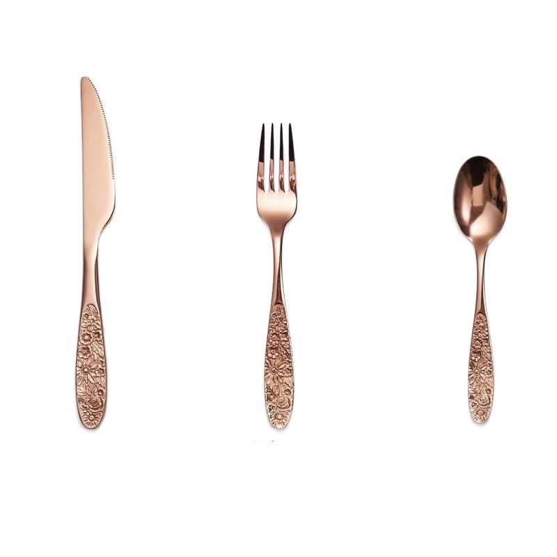 Ce Service de Couverts, composé de 3/12/18/24/30/36 pièces, présente Un Motif en Relief Simple, Un Manche épais, Un Couteau à Steak, Une Fourchette et Une cuillère. Disponible en Quatre coul