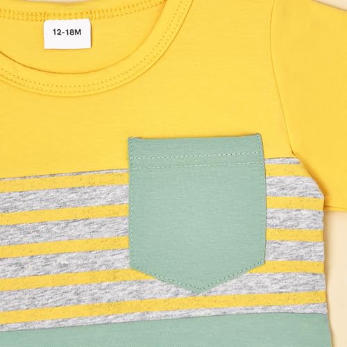 Image of FOCUTEBB Toddler Boy Clothes Summer Patchwork T-Shirt Shorts 2Pc Set 12M-5T | Soft Cotton Short Sleeve Set, Patchwork Design, Comfy Elastic Waist with Pocket, Toddler Boy Summer Casual Daily Wear