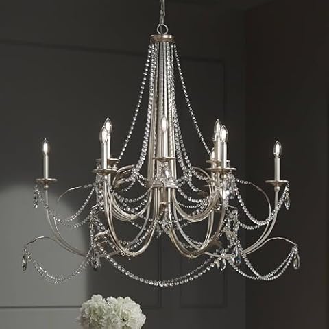 Regency Hill Strand Silver Leaf Large Chandelier Lighting 46" Wide Beaded Crystal Candle 12-Light Fixture for Dining Room House Foyer Entryway Kitchen Bedroom Living Room High Ceilings Cover